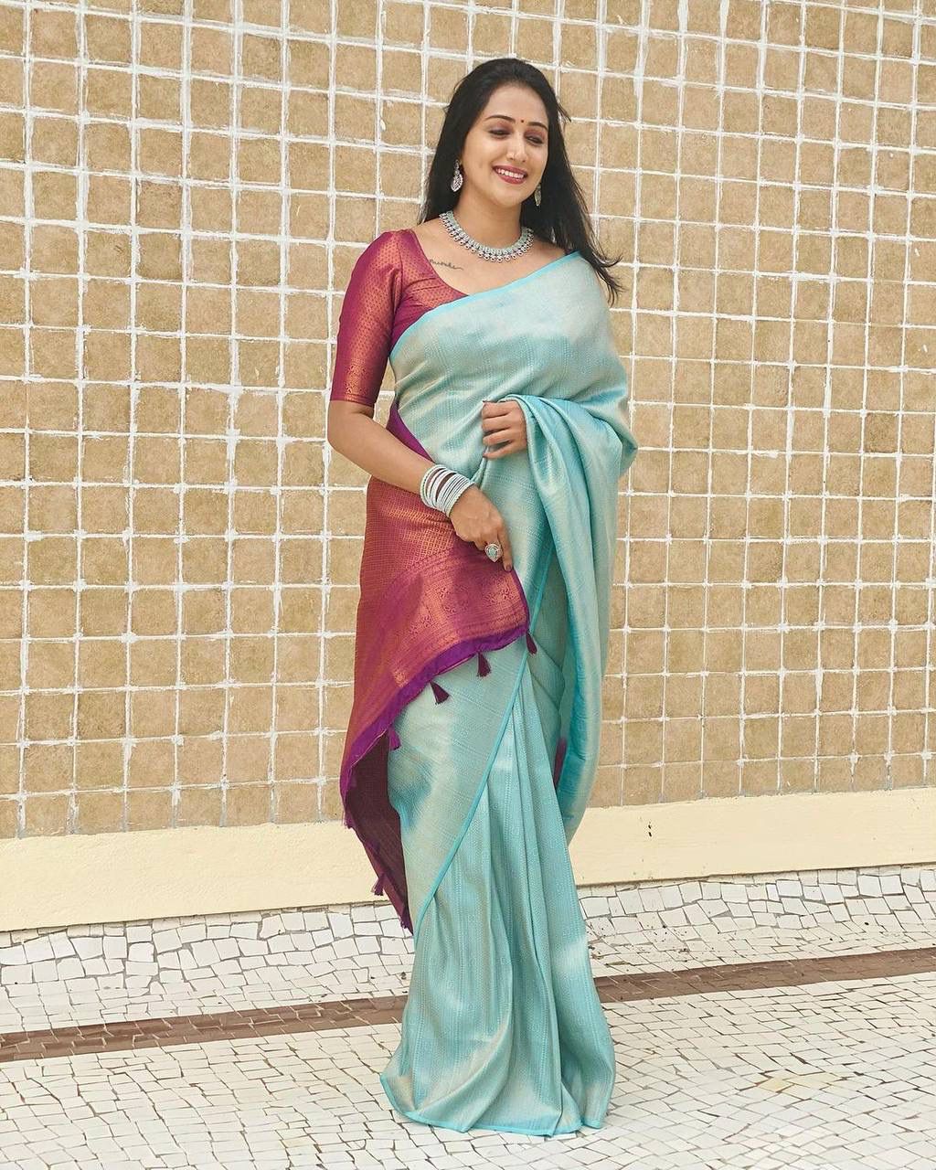 SKY FIROZI SAREE WITH MAGENTA BORDER AND BLOUSE