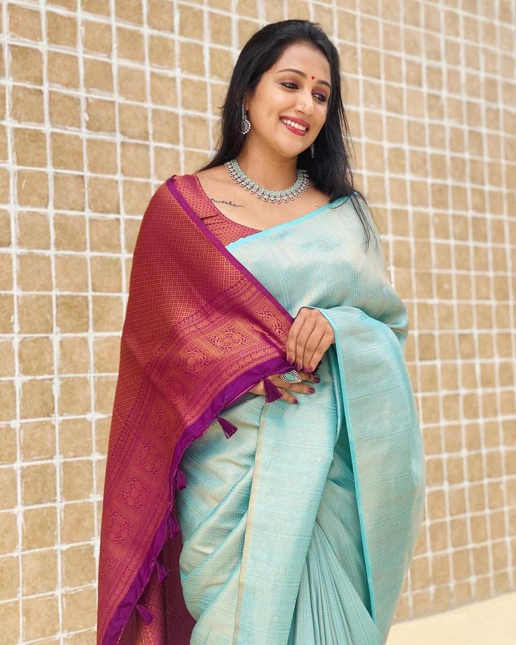 SKY FIROZI SAREE WITH MAGENTA BORDER AND BLOUSE