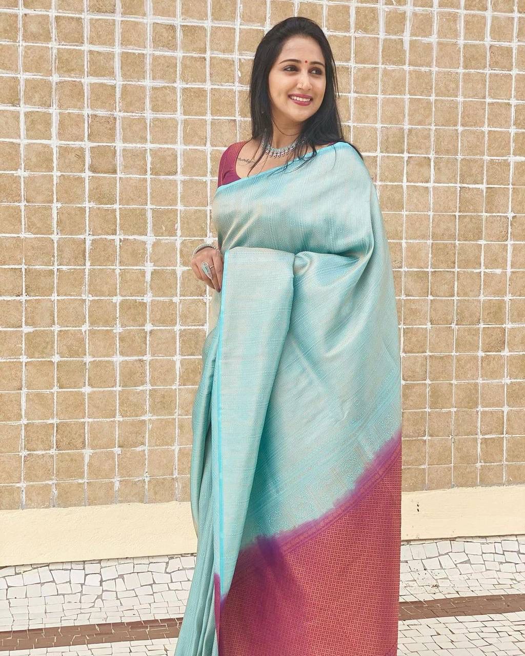 SKY FIROZI SAREE WITH MAGENTA BORDER AND BLOUSE