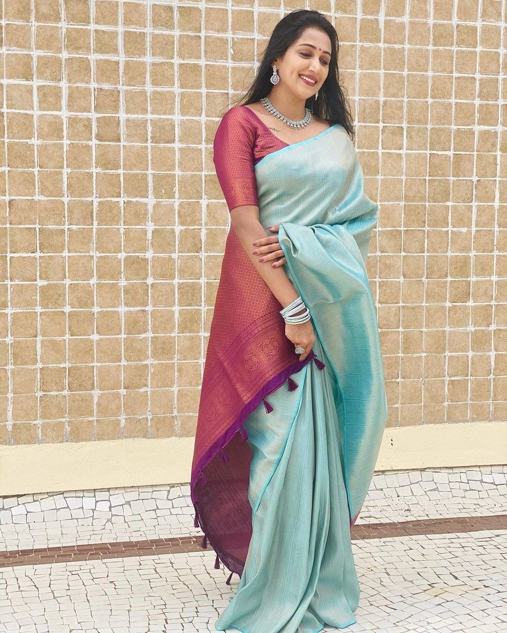 SKY FIROZI SAREE WITH MAGENTA BORDER AND BLOUSE