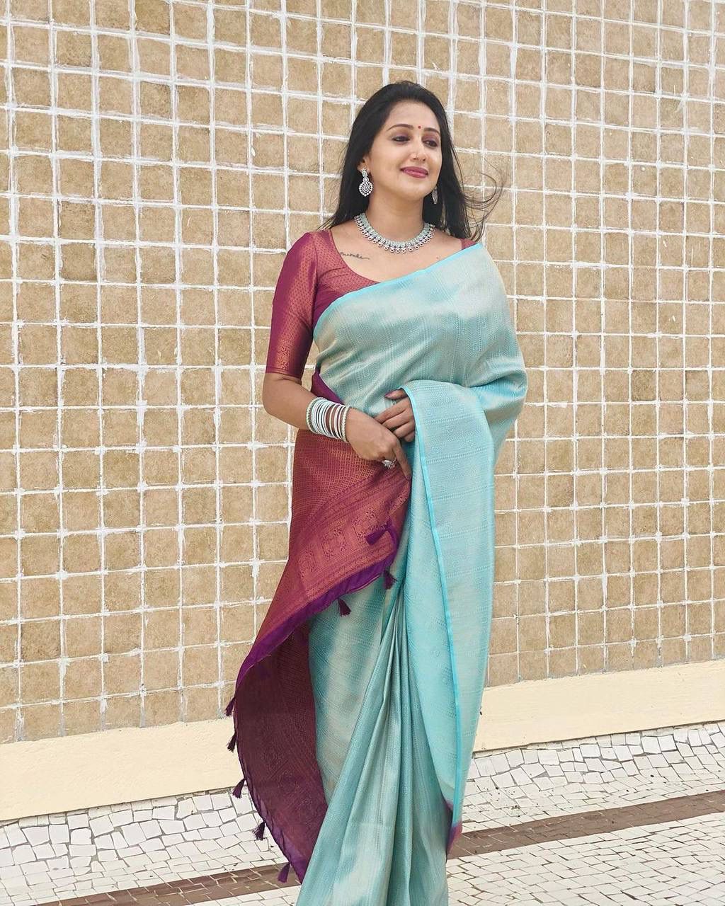 SKY FIROZI SAREE WITH MAGENTA BORDER AND BLOUSE