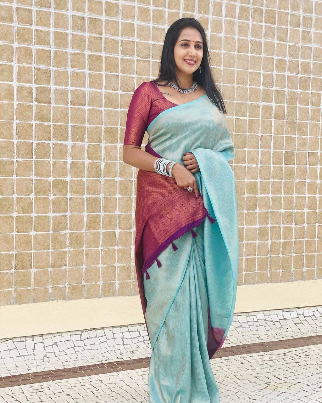 SKY FIROZI SAREE WITH MAGENTA BORDER AND BLOUSE