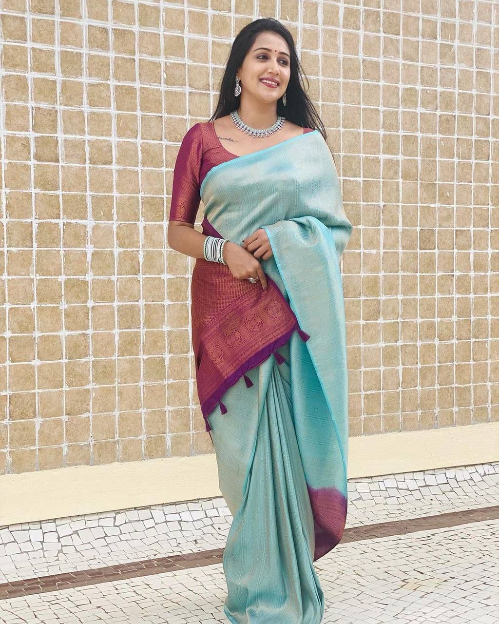 SKY FIROZI SAREE WITH MAGENTA BORDER AND BLOUSE