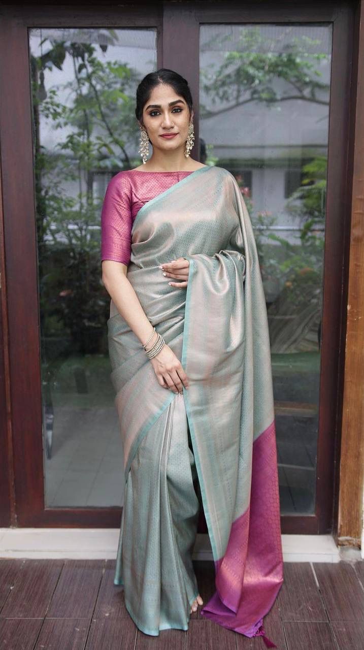 LIGHT FIROZI SAREE WITH HEAVY MAGENTA BROCADE BLOUSE