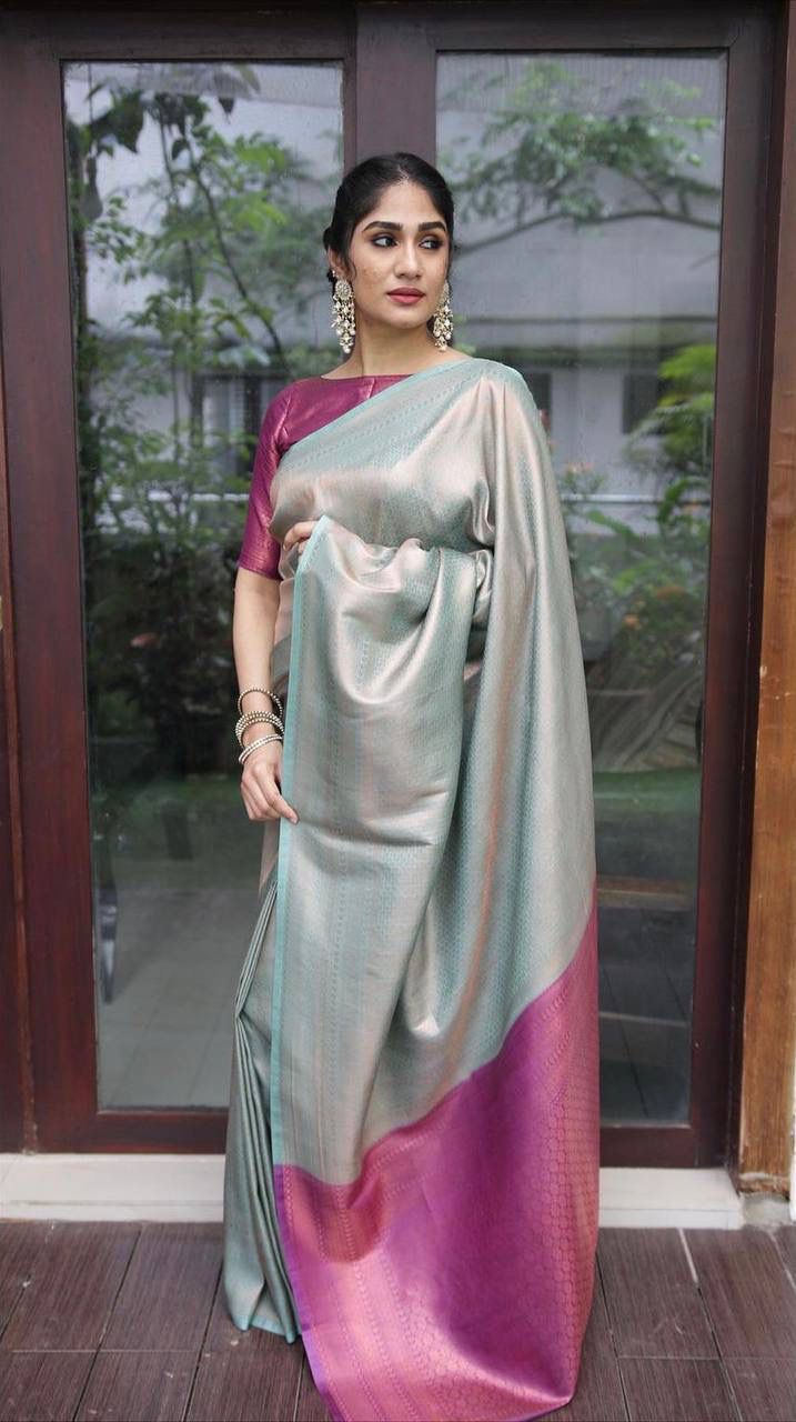 LIGHT FIROZI SAREE WITH HEAVY MAGENTA BROCADE BLOUSE