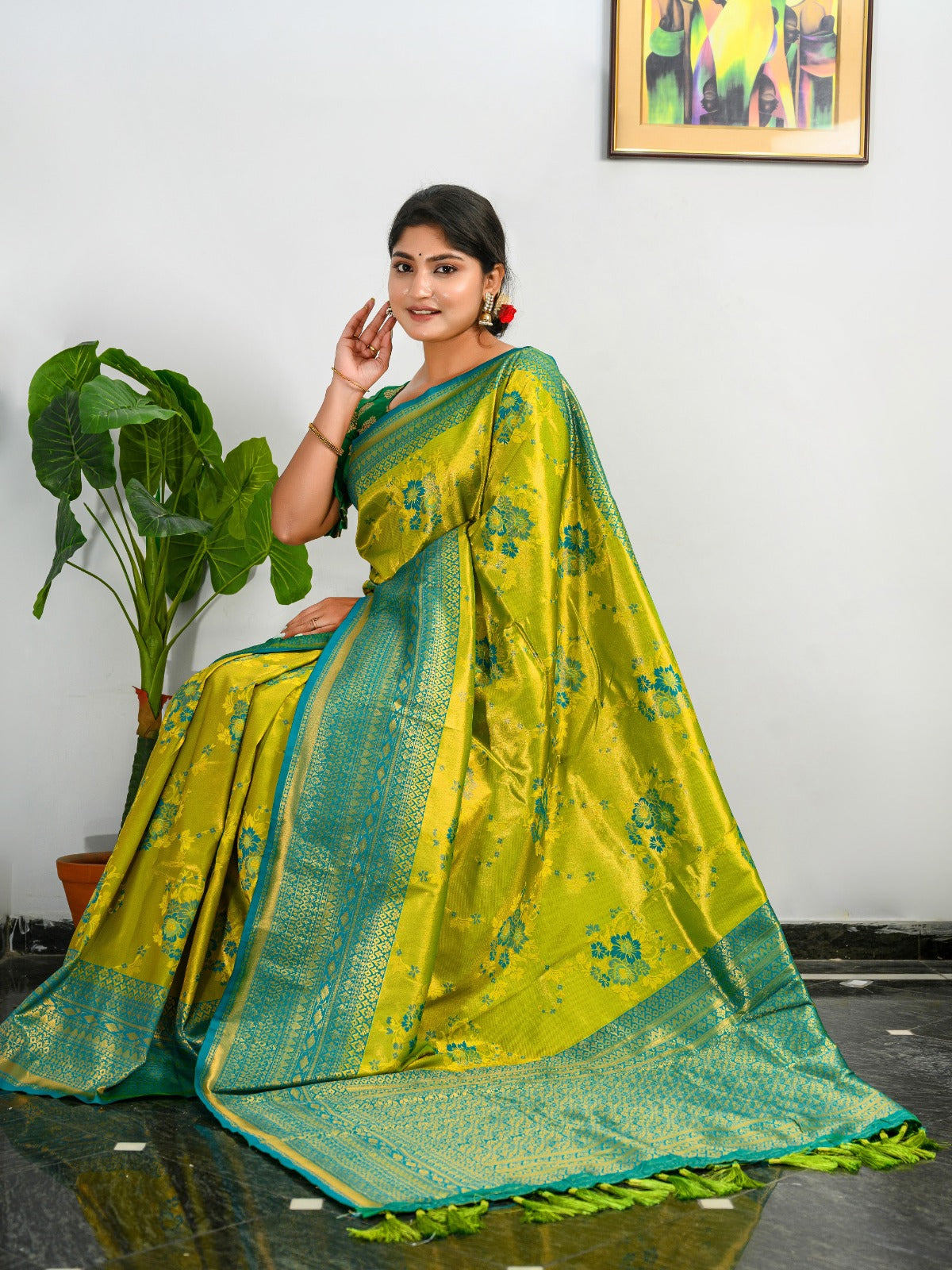 PINE GREEN AND BLUE KANJIVARAM SILK SAREE