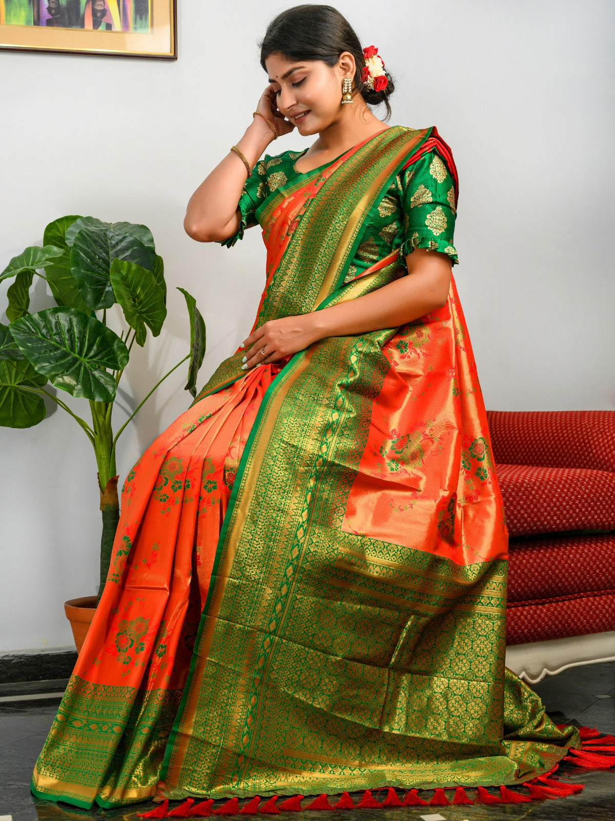 GOLDEN ORANGE AND GREEN KANJIVARAM SILK SAREE