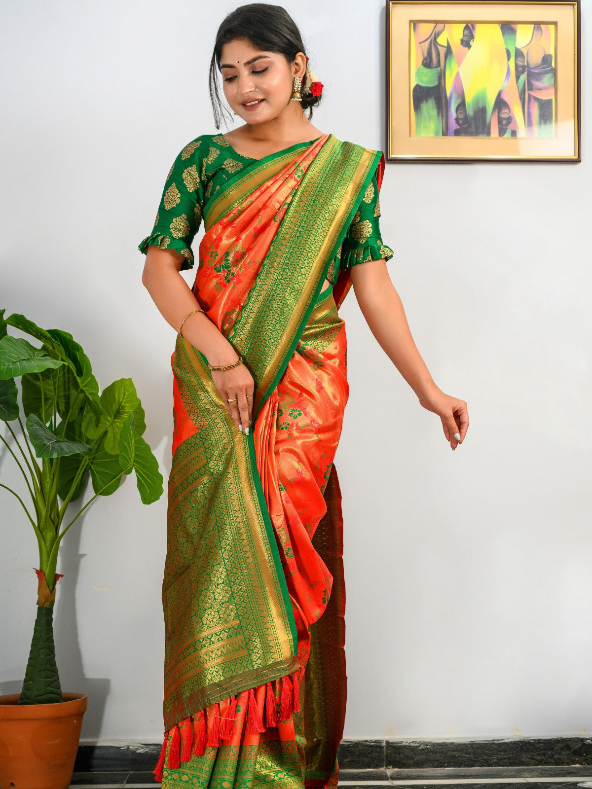 GOLDEN ORANGE AND GREEN KANJIVARAM SILK SAREE