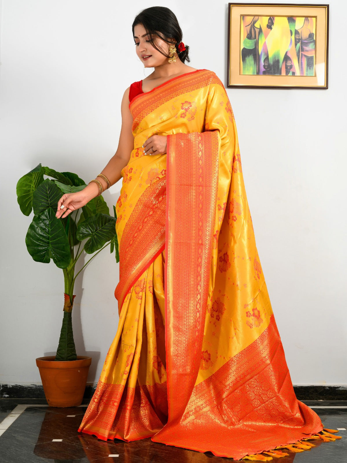 CANARY YELLOW AND ORANGE KANJIVARAM SILK SAREE