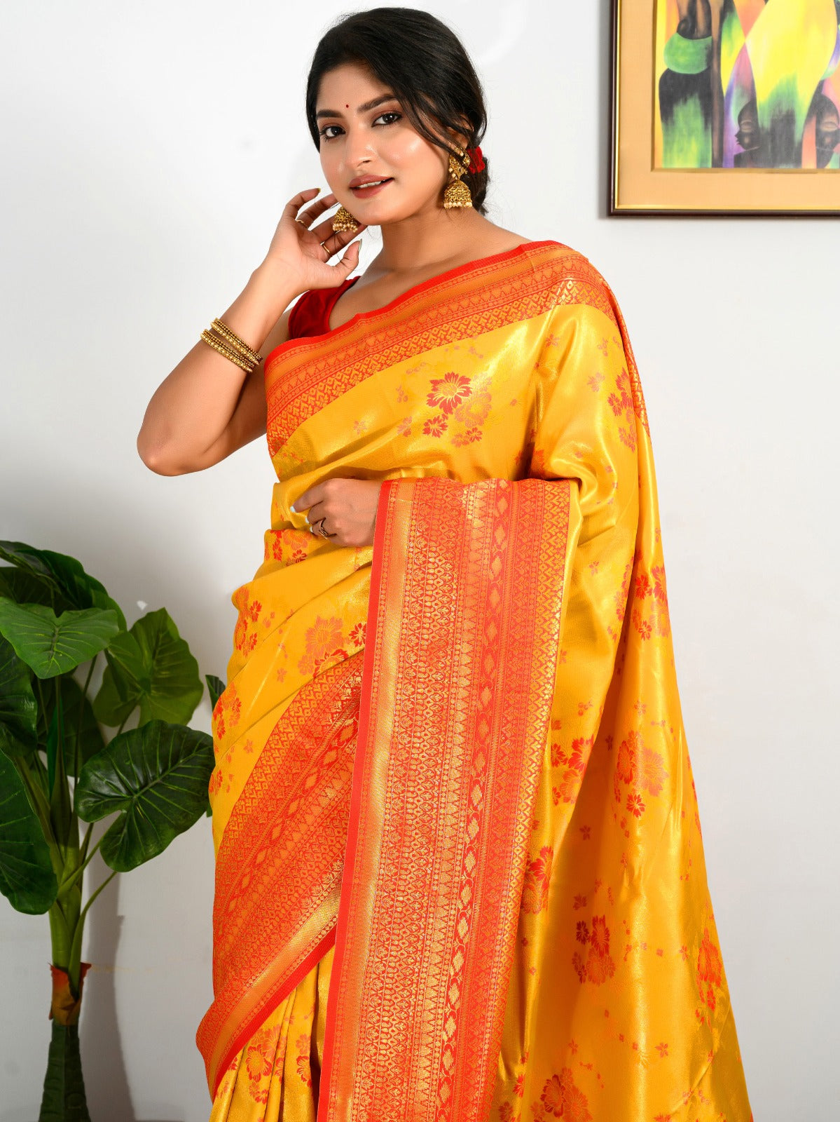 CANARY YELLOW AND ORANGE KANJIVARAM SILK SAREE