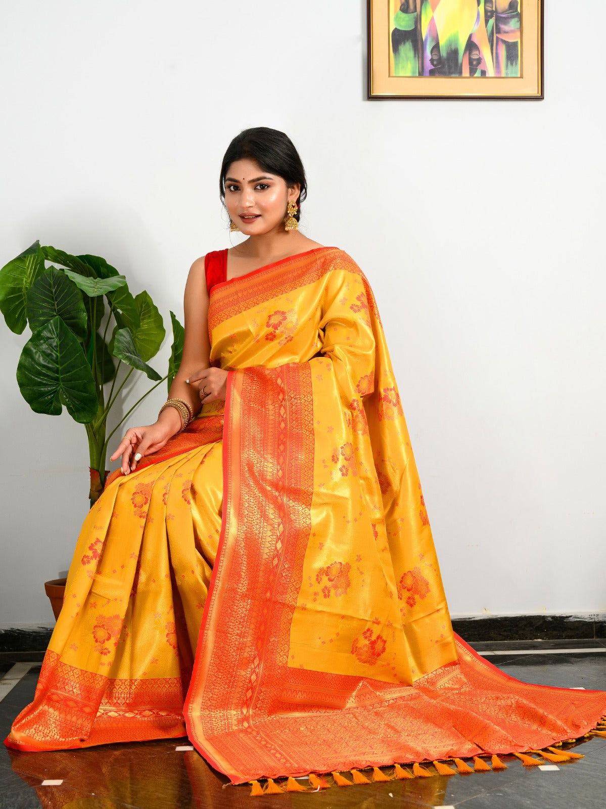 CANARY YELLOW AND ORANGE KANJIVARAM SILK SAREE