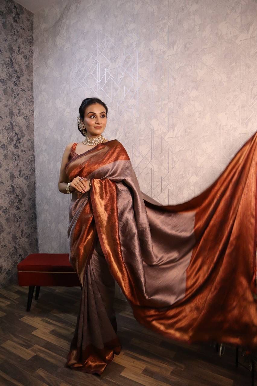 Grey GOLD  BANARASI SILK Saree Comes With Heavy Brocade Blouse