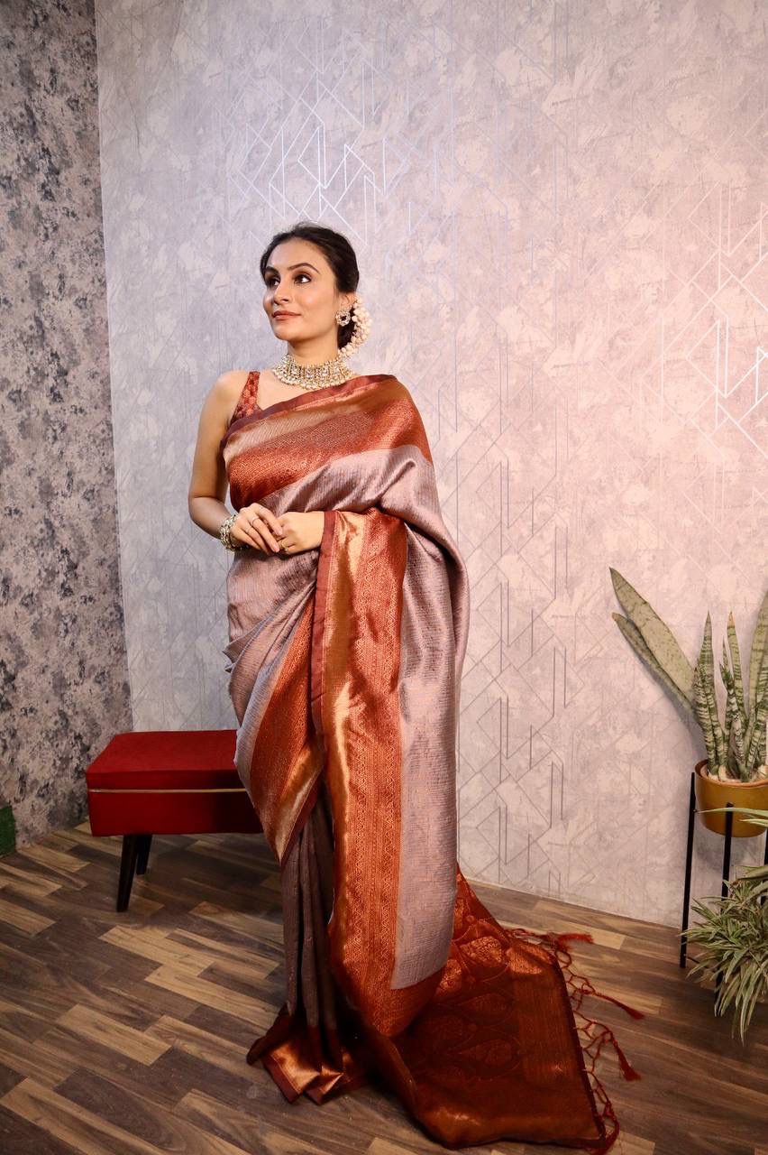 Grey GOLD  BANARASI SILK Saree Comes With Heavy Brocade Blouse