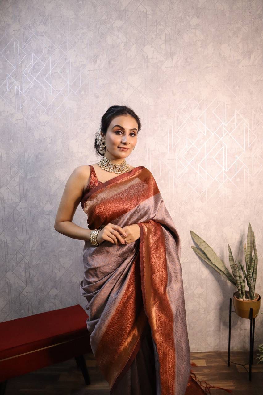 Grey GOLD  BANARASI SILK Saree Comes With Heavy Brocade Blouse