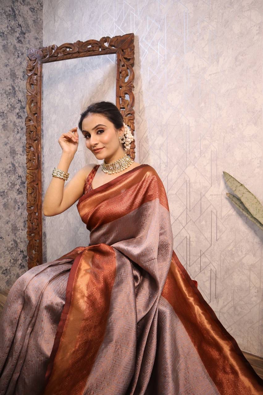 Grey GOLD  BANARASI SILK Saree Comes With Heavy Brocade Blouse