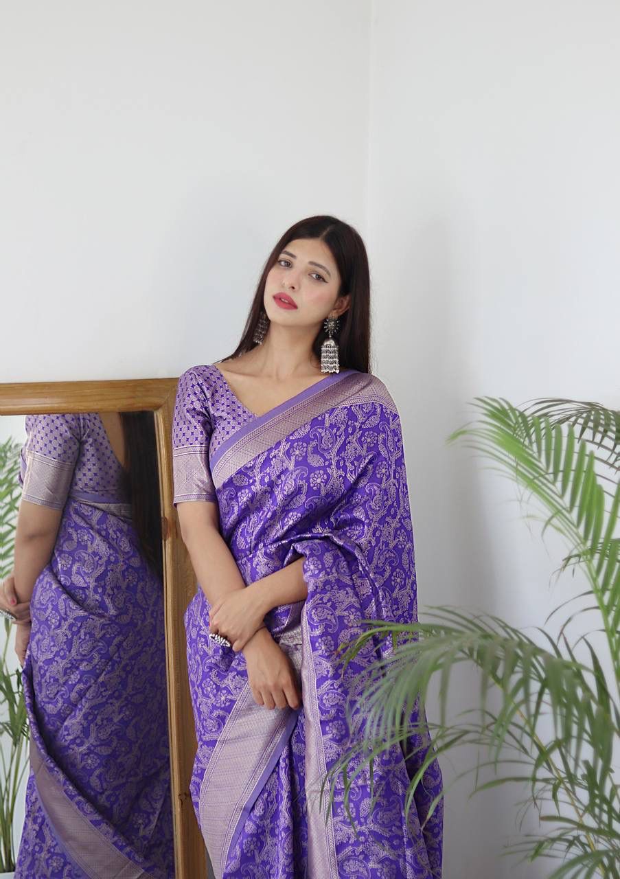 LAVENDER BANARASI SILK Saree Comes With Heavy Brocade Blouse