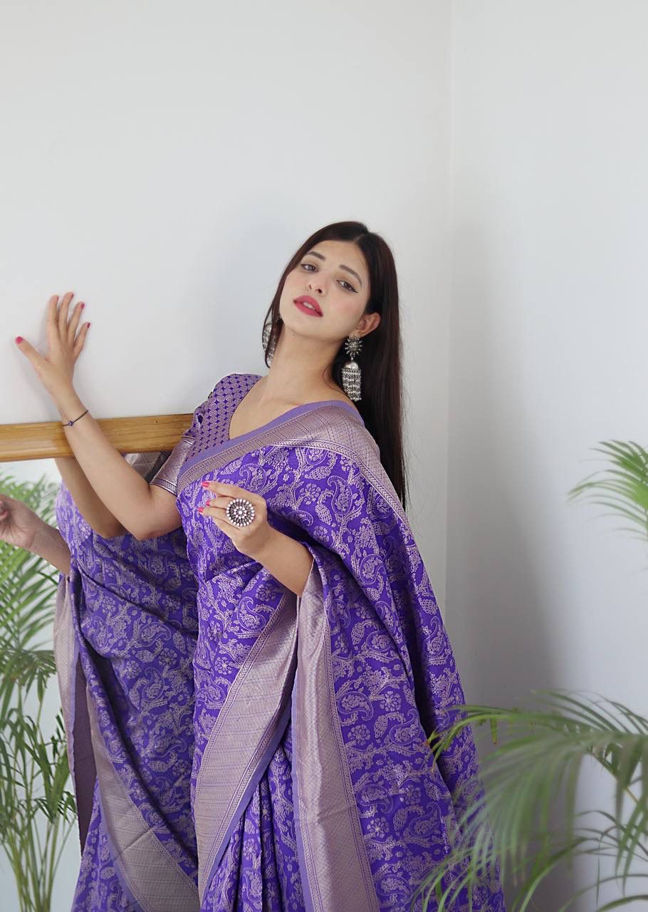 LAVENDER BANARASI SILK Saree Comes With Heavy Brocade Blouse