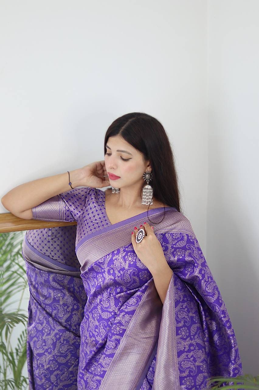 LAVENDER BANARASI SILK Saree Comes With Heavy Brocade Blouse