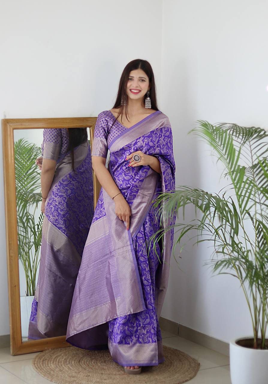 LAVENDER BANARASI SILK Saree Comes With Heavy Brocade Blouse