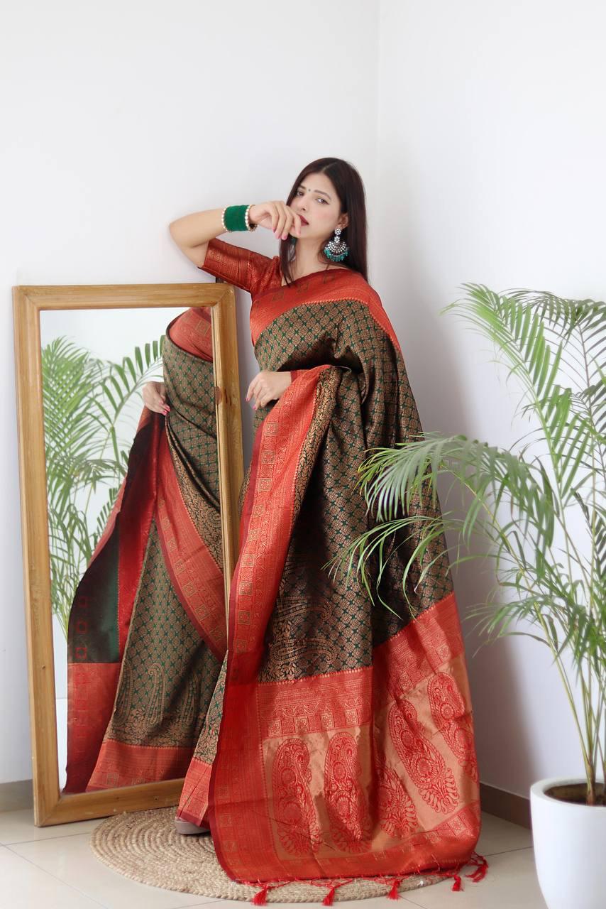 Dark Green BANARASI SILK Saree Comes With Heavy Brocade Blouse