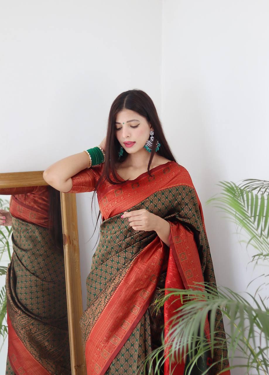 Dark Green BANARASI SILK Saree Comes With Heavy Brocade Blouse