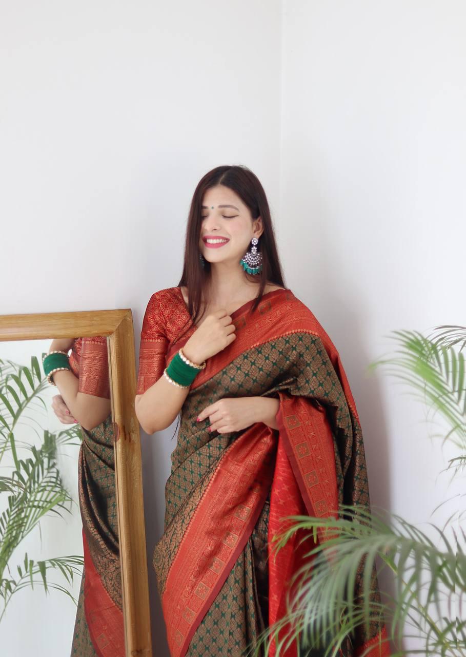 Dark Green BANARASI SILK Saree Comes With Heavy Brocade Blouse