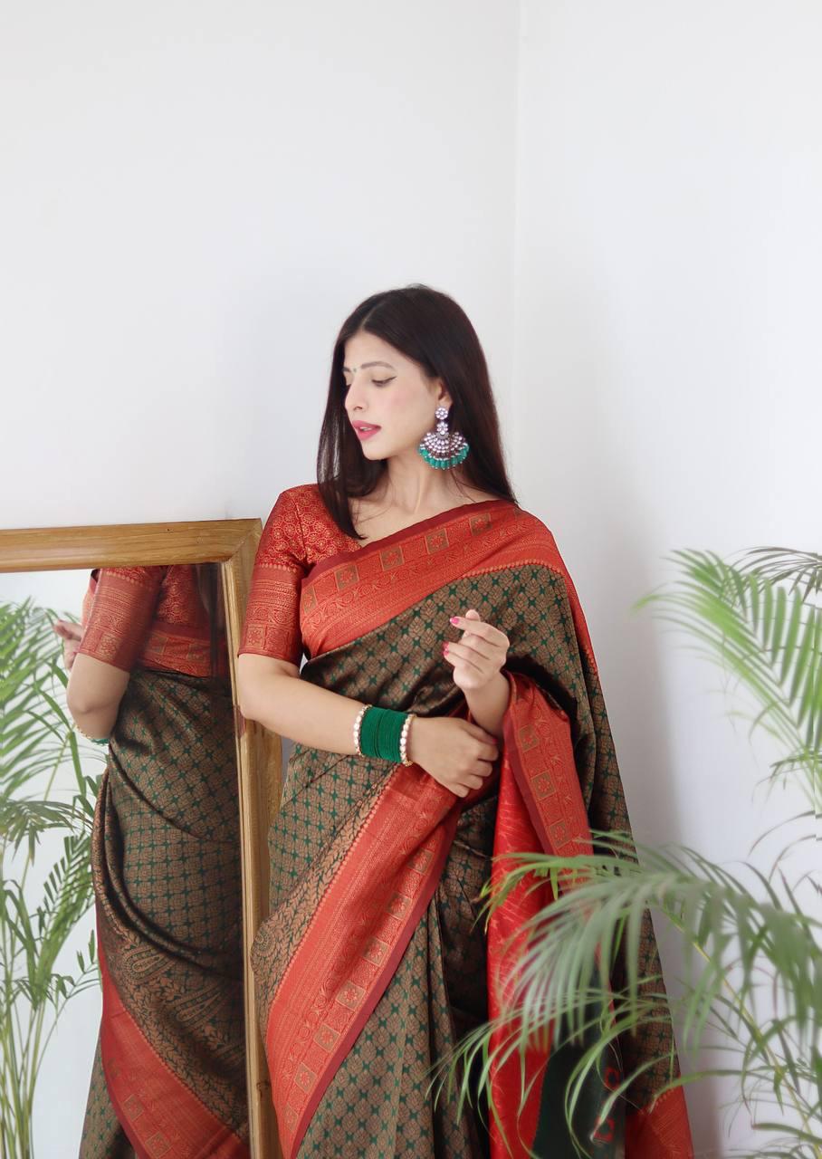 Dark Green BANARASI SILK Saree Comes With Heavy Brocade Blouse