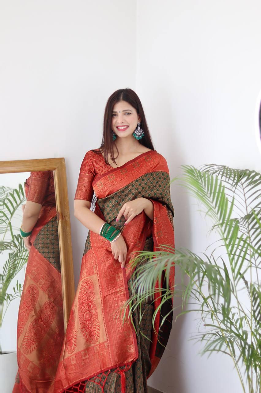 Dark Green BANARASI SILK Saree Comes With Heavy Brocade Blouse