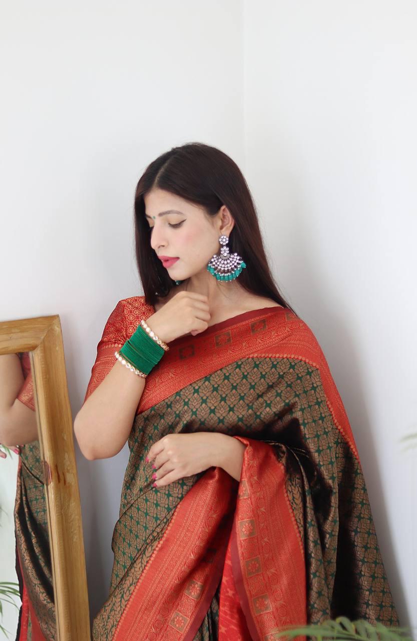 Dark Green BANARASI SILK Saree Comes With Heavy Brocade Blouse