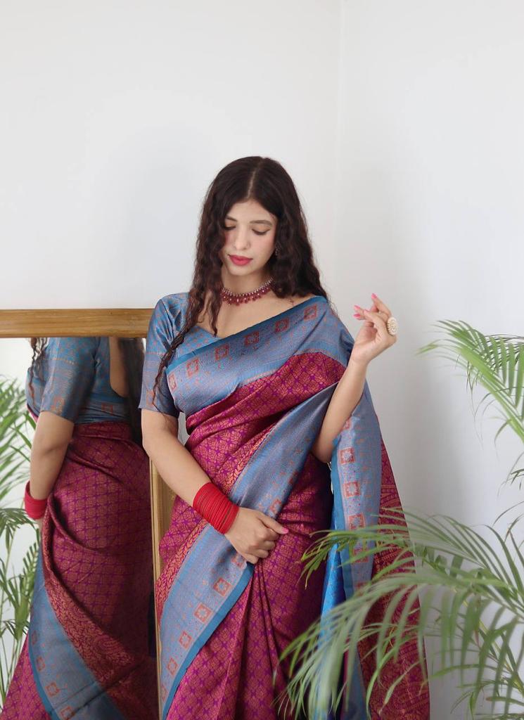 MAGENTA & FIROZI BANARASI SILK Saree Comes With Heavy Brocade Blouse