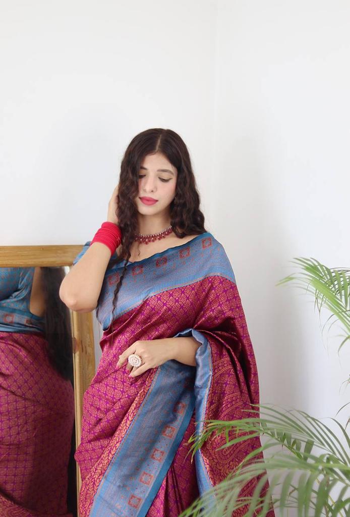 MAGENTA & FIROZI BANARASI SILK Saree Comes With Heavy Brocade Blouse