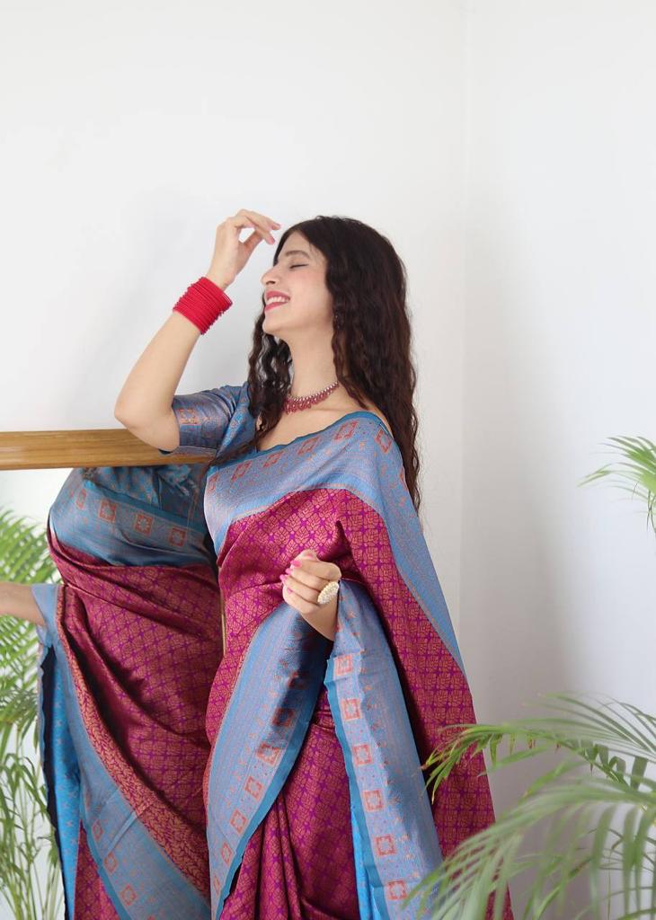 MAGENTA & FIROZI BANARASI SILK Saree Comes With Heavy Brocade Blouse