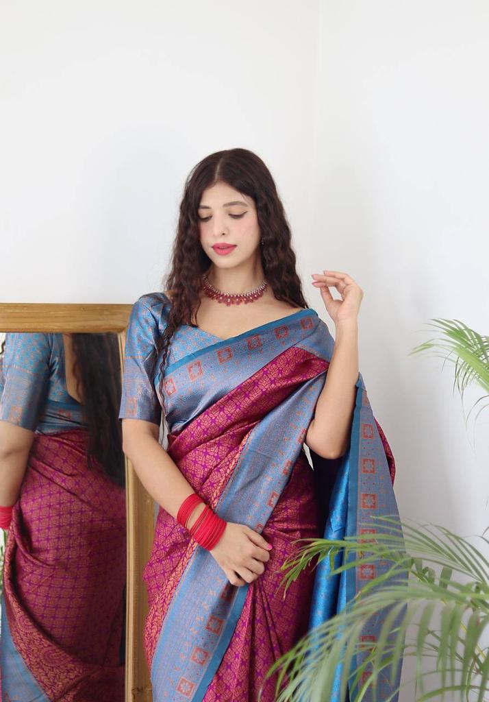 MAGENTA & FIROZI BANARASI SILK Saree Comes With Heavy Brocade Blouse