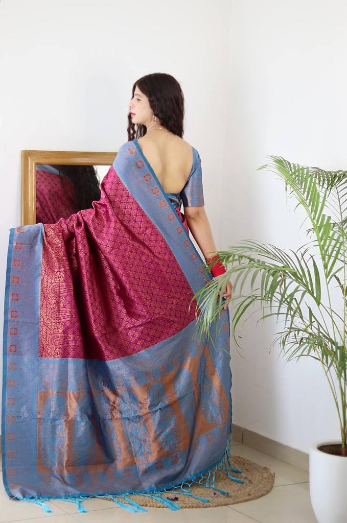 MAGENTA & FIROZI BANARASI SILK Saree Comes With Heavy Brocade Blouse