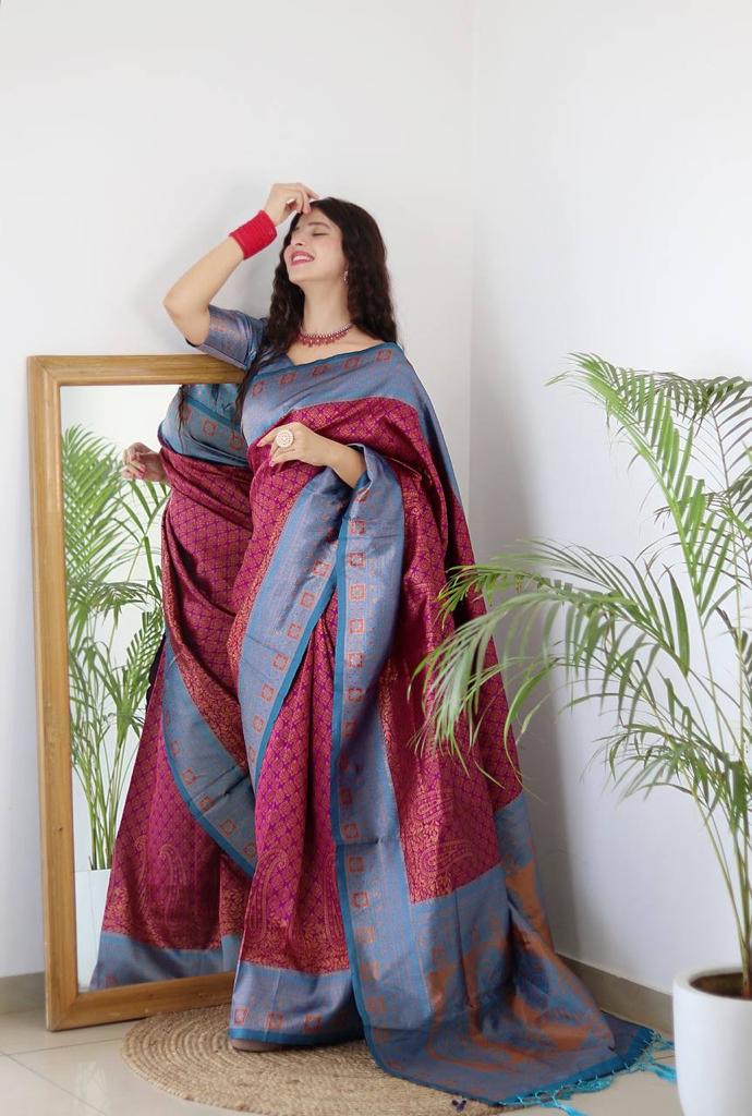 MAGENTA & FIROZI BANARASI SILK Saree Comes With Heavy Brocade Blouse