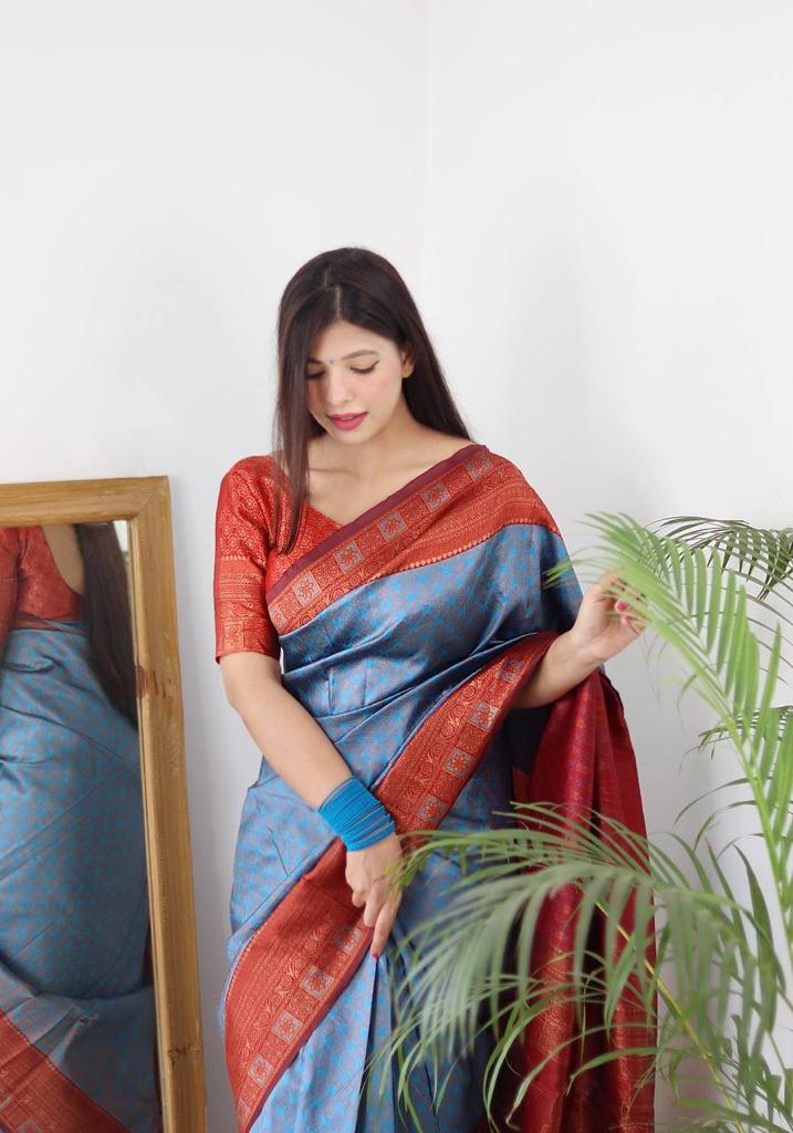 FIROZI & MAROON BANARASI SILK Saree Comes With Heavy Brocade Blouse