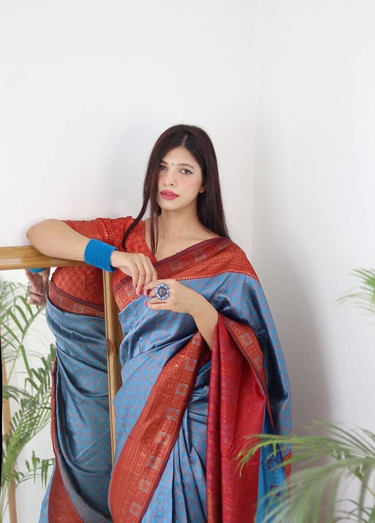 FIROZI & MAROON BANARASI SILK Saree Comes With Heavy Brocade Blouse