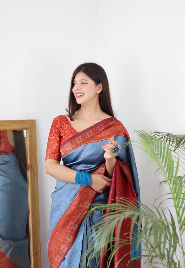 FIROZI & MAROON BANARASI SILK Saree Comes With Heavy Brocade Blouse