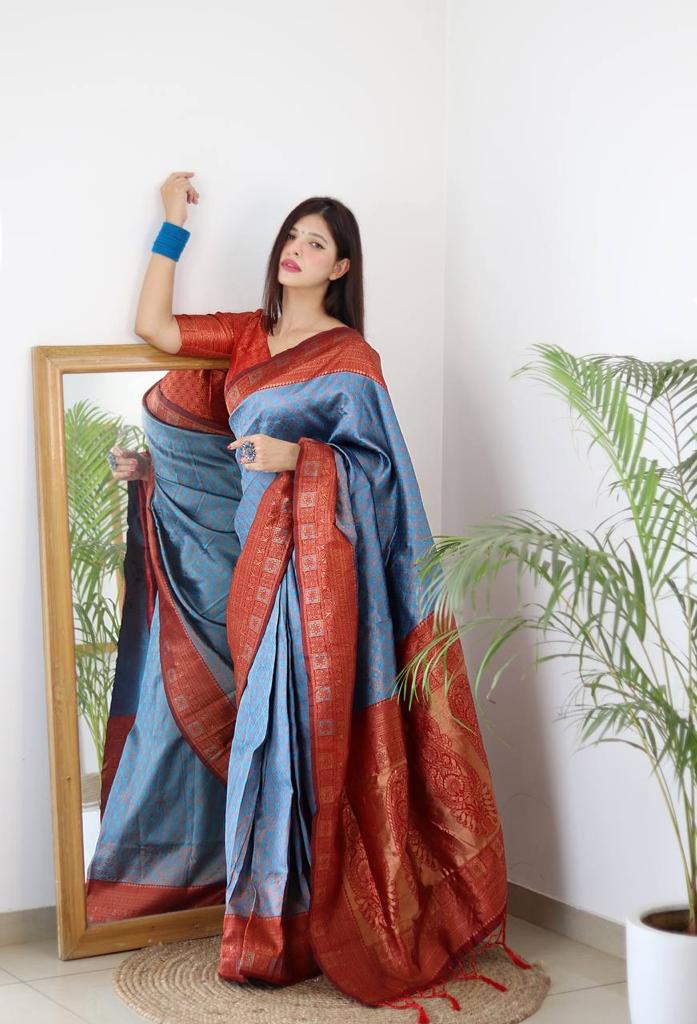 FIROZI & MAROON BANARASI SILK Saree Comes With Heavy Brocade Blouse