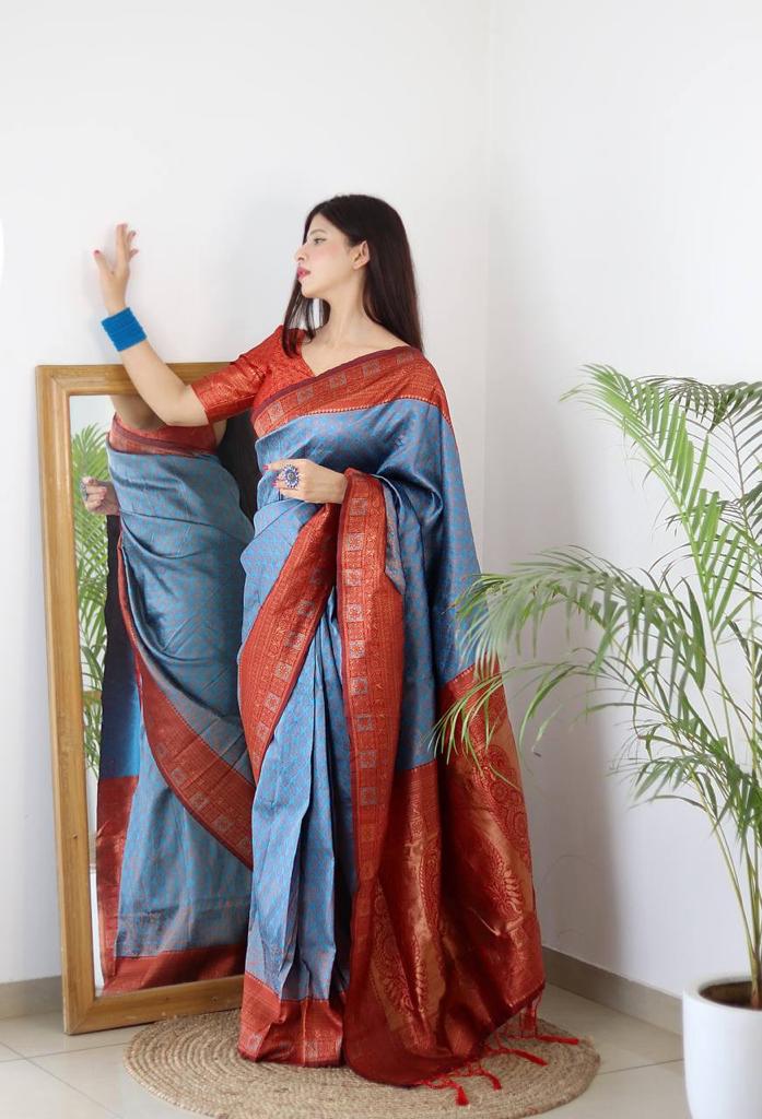 FIROZI & MAROON BANARASI SILK Saree Comes With Heavy Brocade Blouse