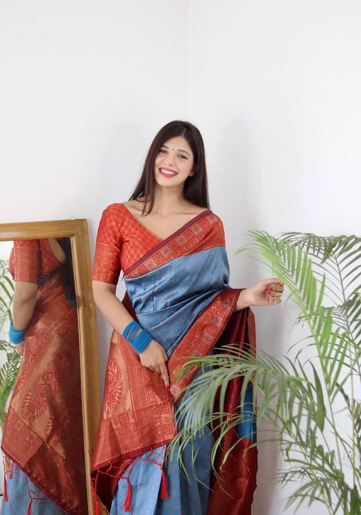 FIROZI & MAROON BANARASI SILK Saree Comes With Heavy Brocade Blouse