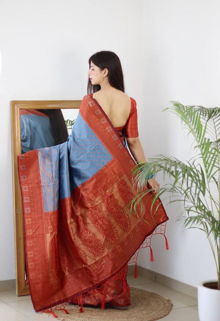 FIROZI & MAROON BANARASI SILK Saree Comes With Heavy Brocade Blouse