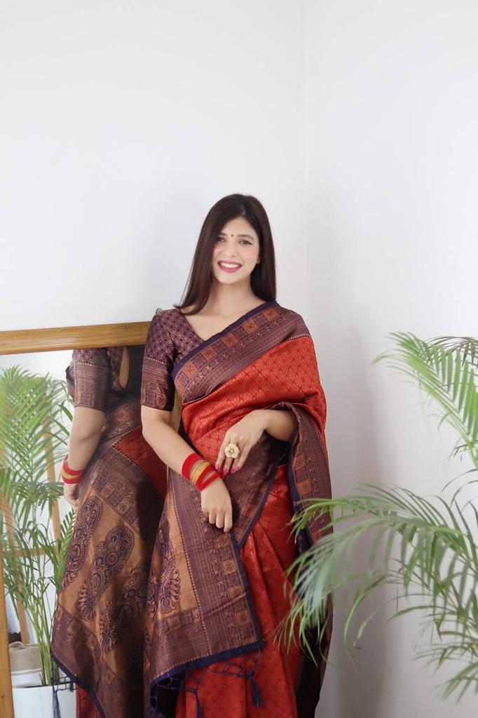 RED & NAVY BLUE BANARASI SILK Saree Comes With Heavy Brocade Blouse