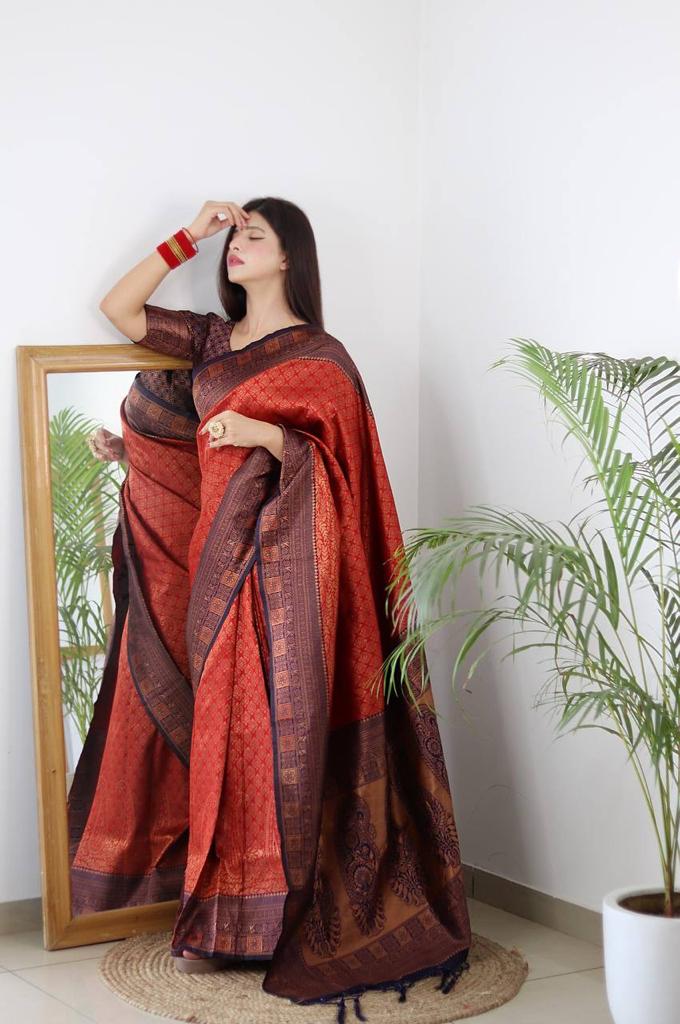 RED & NAVY BLUE BANARASI SILK Saree Comes With Heavy Brocade Blouse