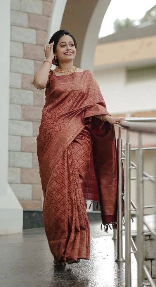 MAROON BANARASI SILK SAREE WITH HEAVY BROCADE BLOUSE