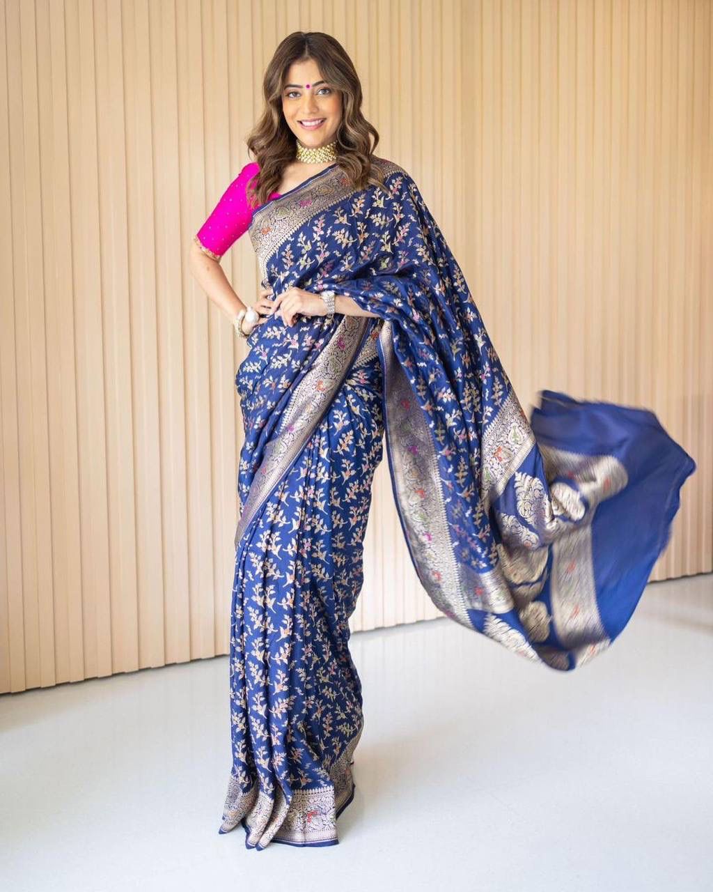 NAVY BLUE BANARASI SILK Saree Comes With Heavy Brocade Blouse