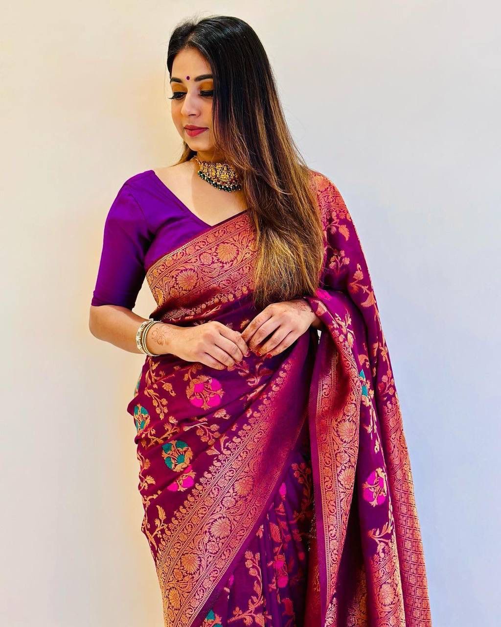 WINE PURPLE BANARASI SILK WITH COPPER ZARI WEAVING SAREE