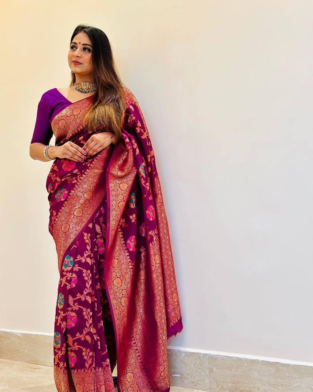 WINE PURPLE BANARASI SILK WITH COPPER ZARI WEAVING SAREE