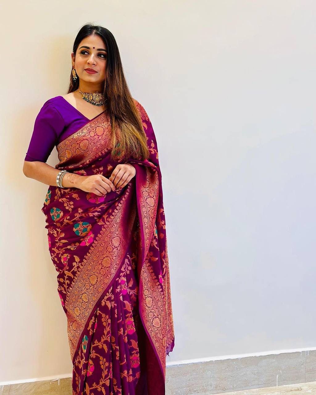 WINE PURPLE BANARASI SILK WITH COPPER ZARI WEAVING SAREE