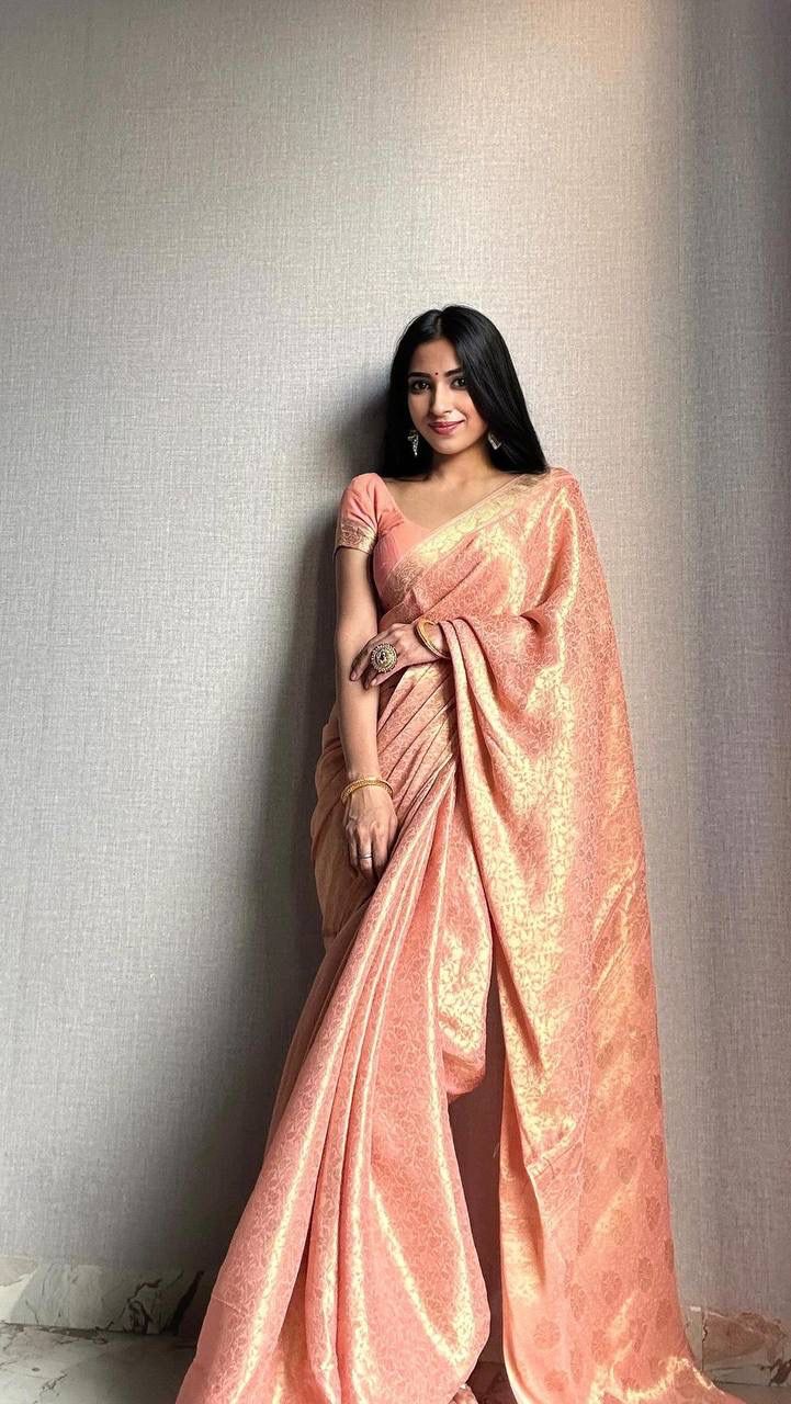 PEACH BANARASI SILK SAREE WITH HEAVY BROCADE BLOUSE & BORDER